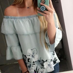 Light blue off the shoulder top